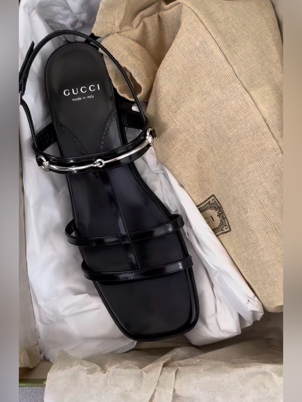 Gucci Black Patent Leather Silver Horsebit Divine Cage Flate Sandals (Size 38.5) - Picture 3 of 16
